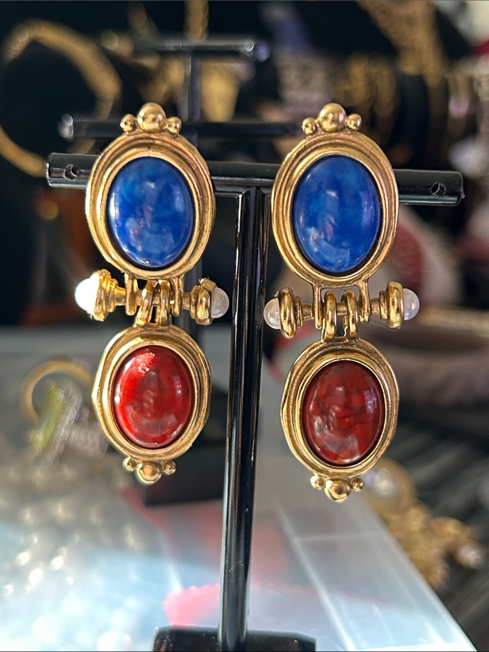 VTG Egyptian Revival lapis lazuli.Red and Carnelian? glass gold tone